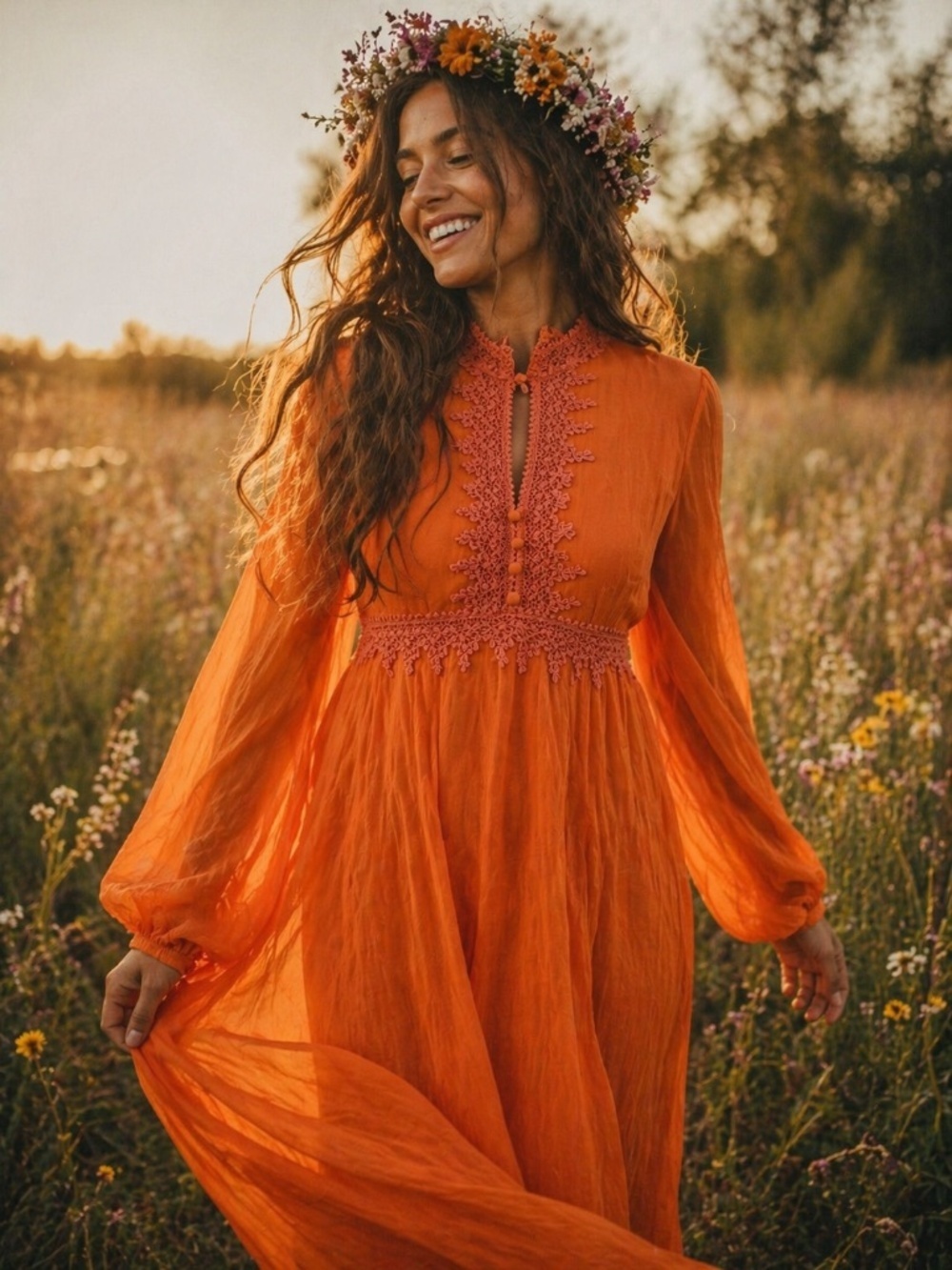 Vintage 70s Orange Boho Prairie Maxi Dress Lace Keyhole Festival S Prom HOCO